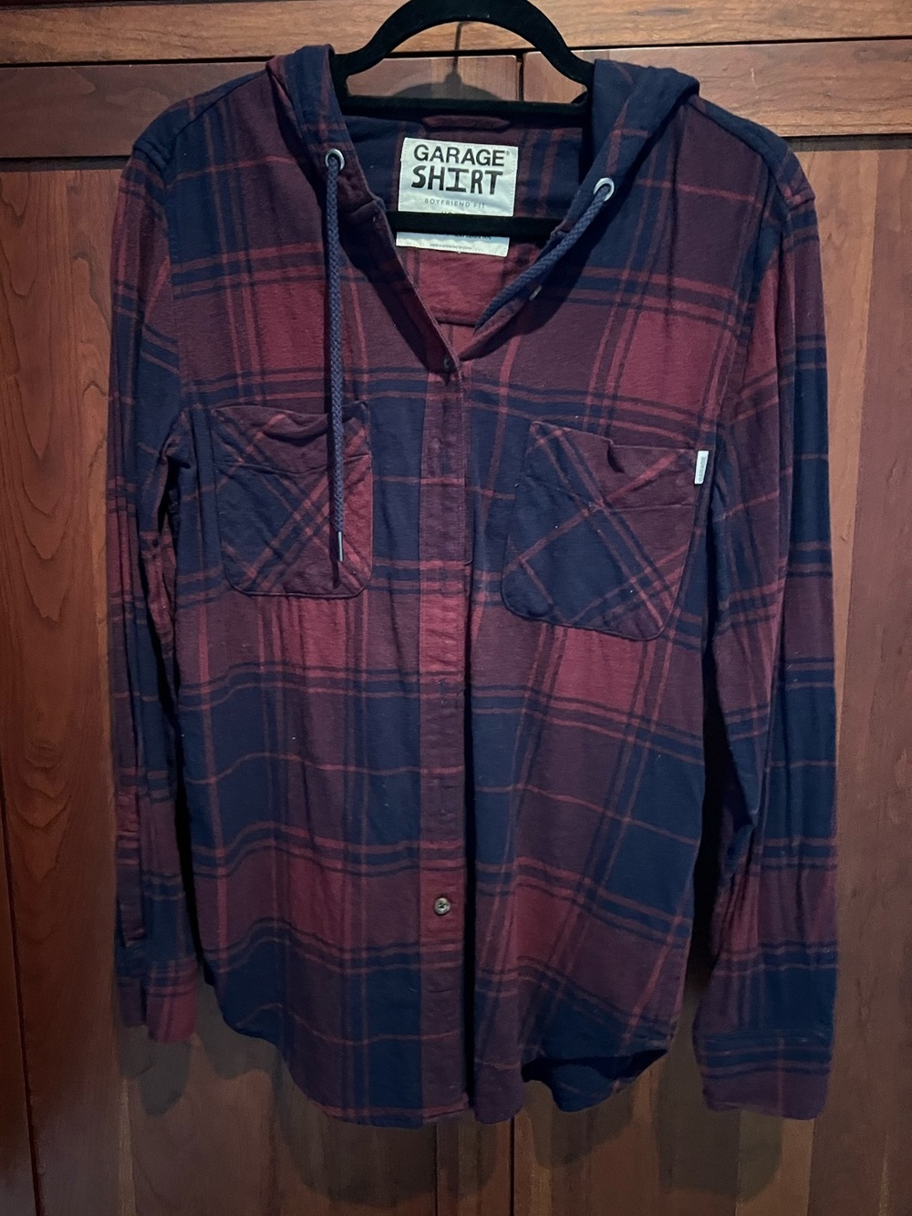 Garage Women's Burgundy and Navy Plaid Button-Down Hooded Shirt
